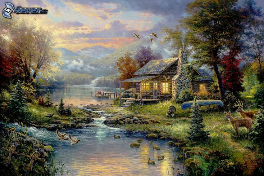 Cartoon-Haus, Bach, Enten, Thomas Kinkade