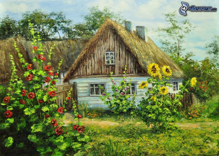 Cartoon-Haus, Sonnenblumen, Bild