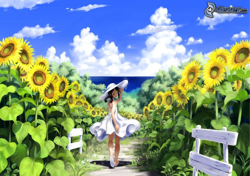 Cartoon-Mädchen, Sonnenblumen