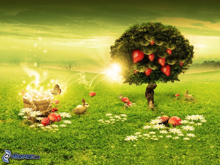 Baum, Erdbeeren, Wiese, grüner Hintergrund