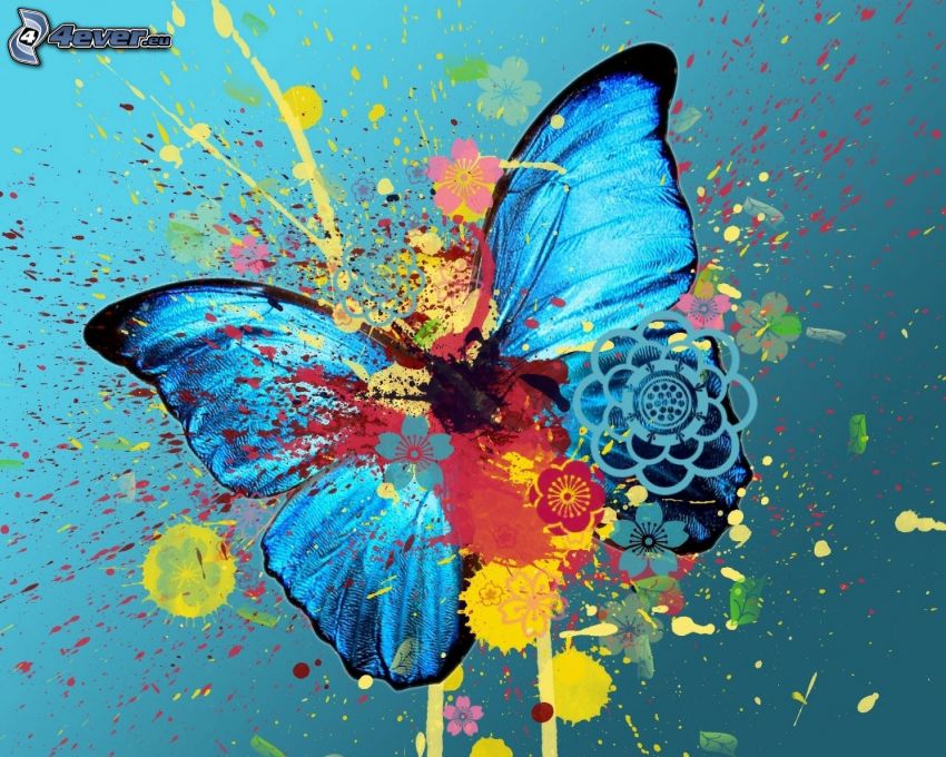 blauer Schmetterling, farbige Kleckse