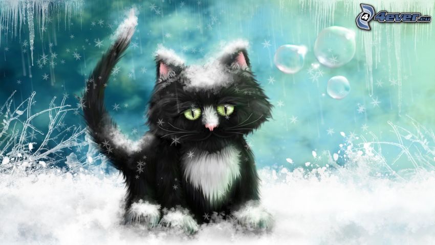 cartoon-Katze, schwarze Katze, Schnee