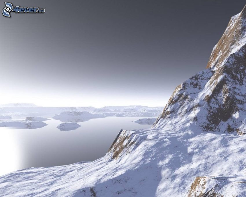 Digitale Wasserlandschaft, verschneiter Berg, Felsen, See