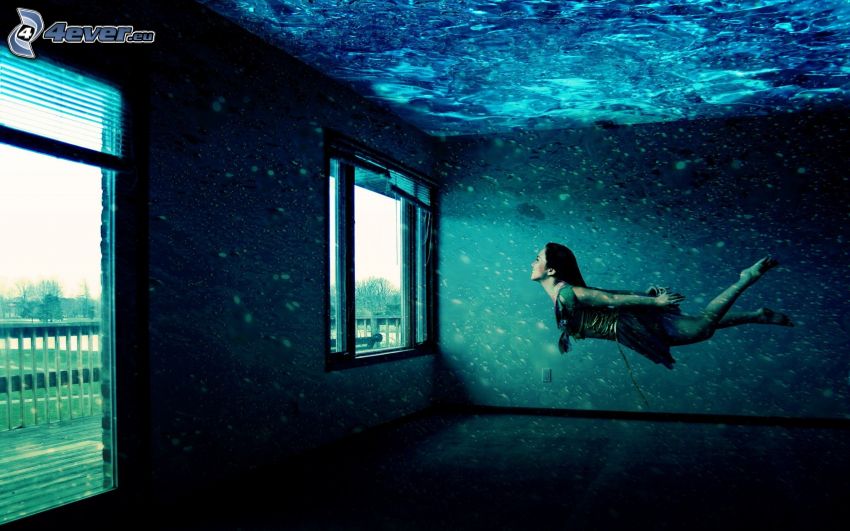 Frau, Schwimmen unter Wasser, Haus, Fenster