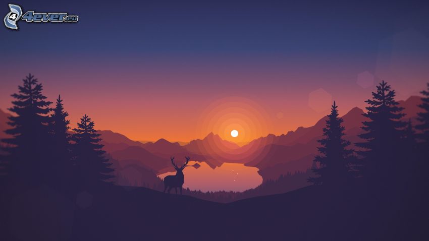 Hirsch, Sonnenuntergang über den Bergen, Bergsee, Bäum Silhouetten