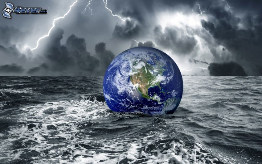 Planet Erde, stürmisches Meer, Blitze, Wolken