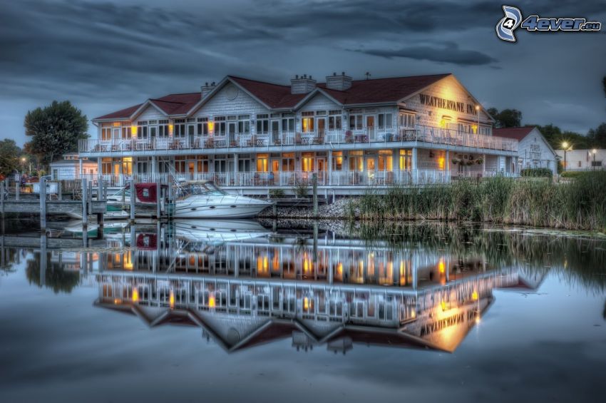 Villa, See, Boot, Abend, Spiegelung, HDR