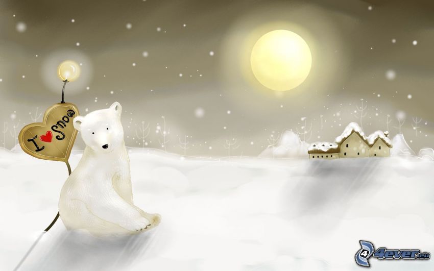 Eisbär, schneebedecktes Haus, Mond, Schnee
