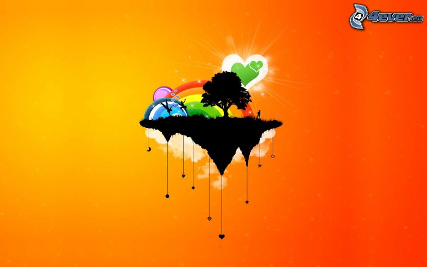 fliegende Insel, Silhouette des Baumes, Silhouetten von Menschen, farbiger Regenbogen, Herzen
