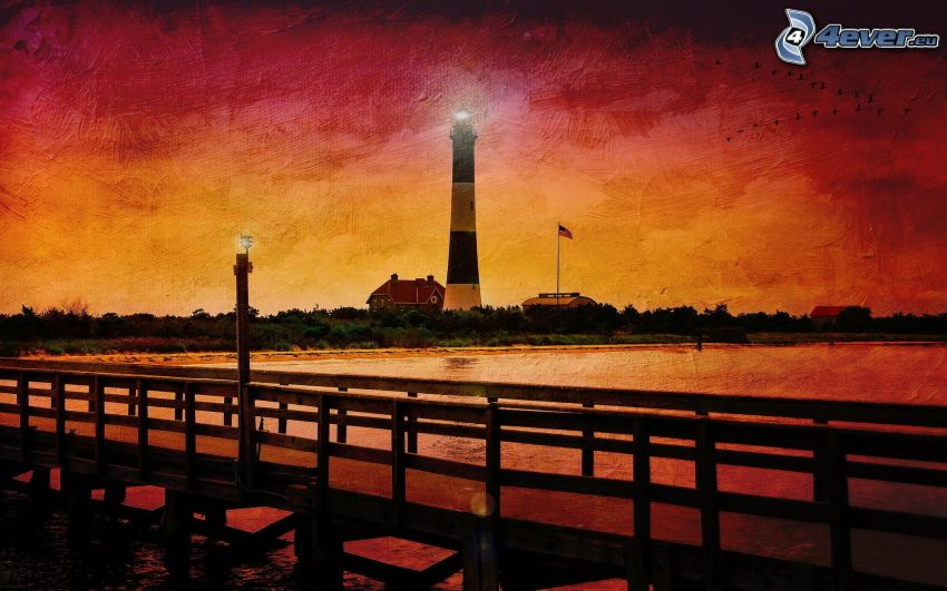 gemalter Leuchtturm, Pier, der rote Himmel