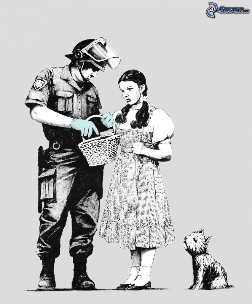 gezeichnete Frau, Polizist, gezeichneter Hund, Korb