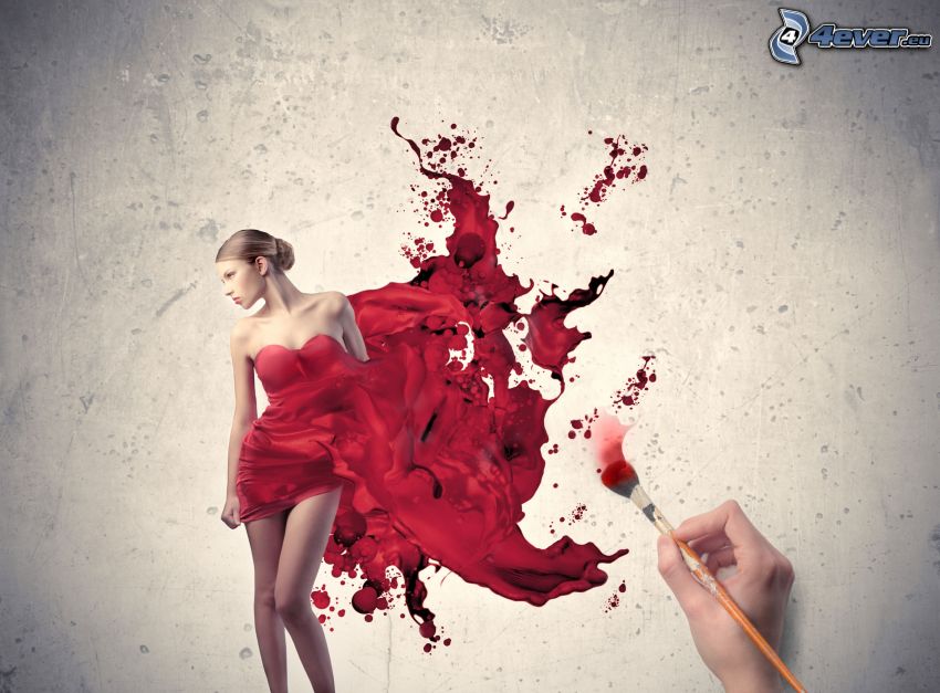 gezeichnete Frau, rotes Kleid, Tintenfleck