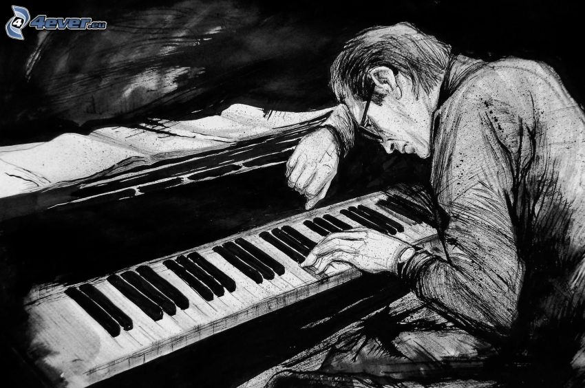 Bill Evans, Pianist, Klavier Spiele, schwarzweiß