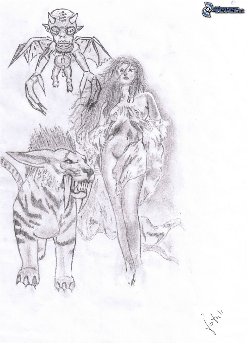 gezeichnete Frau, gezeichneter Dämon, Tiger