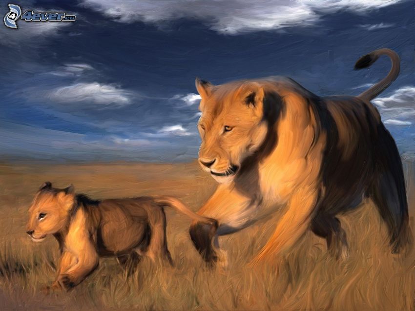 Löwin mit dem Löwenbaby, Löwenfamilie, Jungtier, Löwin, Himmel, Bild