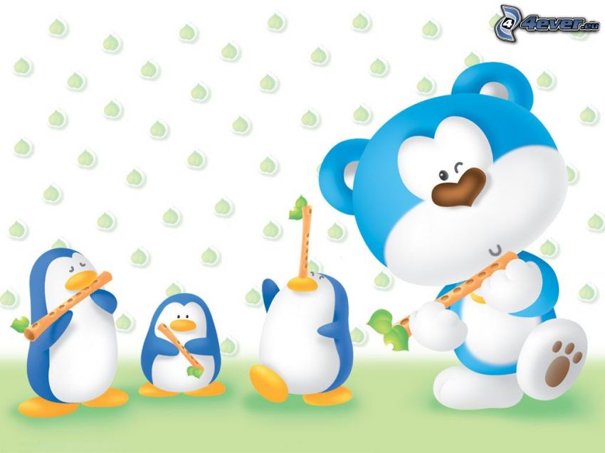 Musiker, Teddybär, Pinguine
