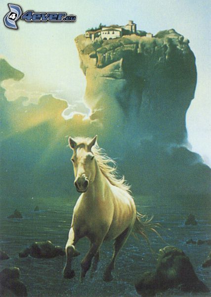 Rennendes Pferd, weißes Pferd, Häuser am Felsen