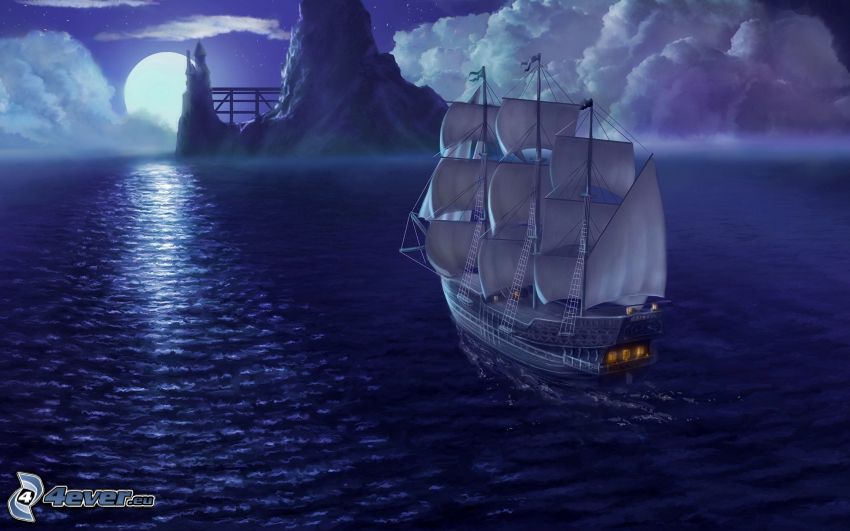 Segelschiff, Meer, Nacht