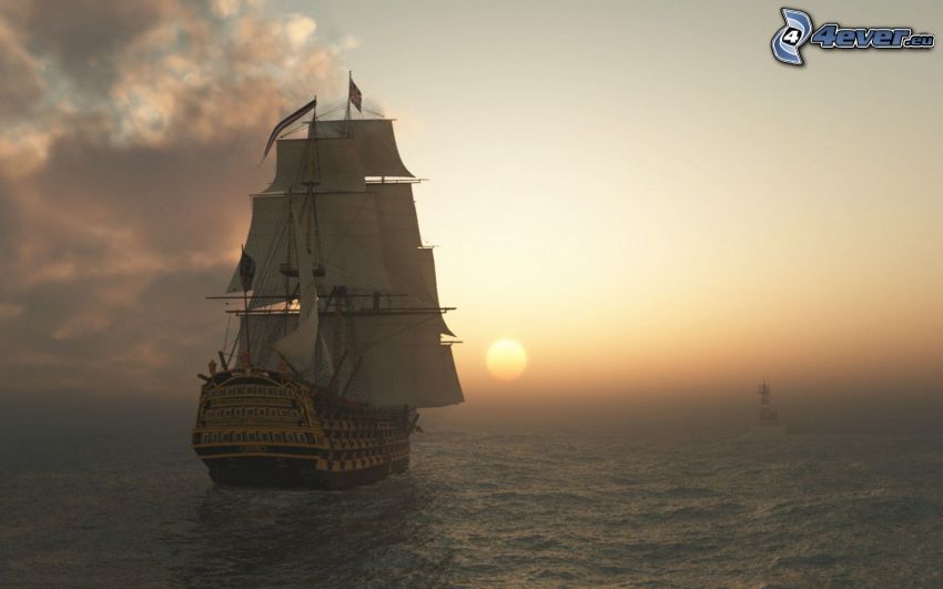 Segelschiff, Sonnenuntergang auf dem Meer