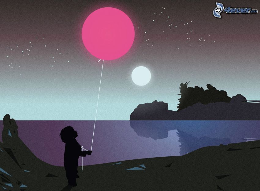 Silhouette eines Jungen, Ballons, Mond, Meer