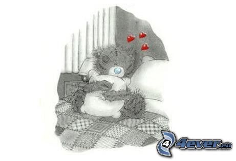 Teddybär mit Kissen, Herzen