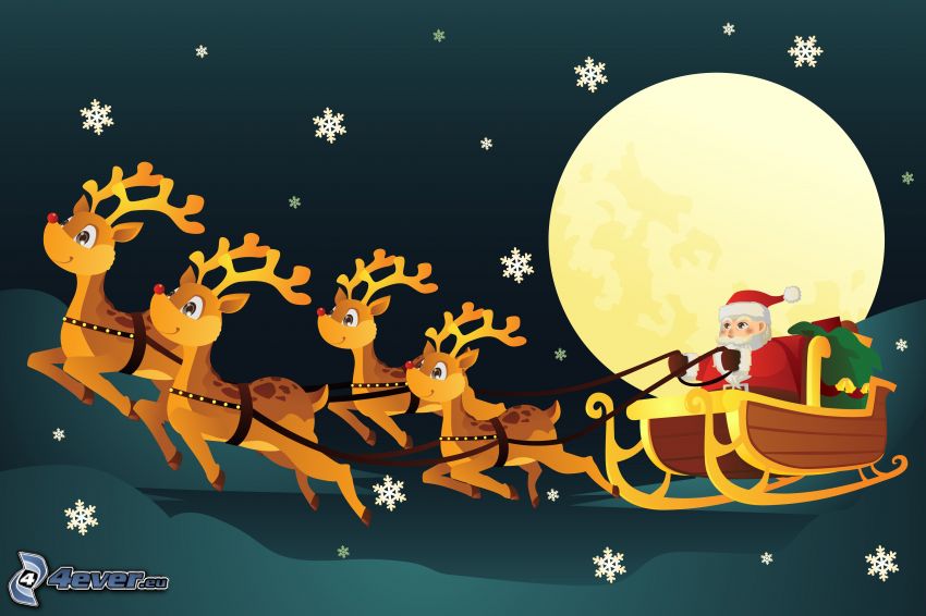 Weihnachtsmann, Schlitten, Rentiere, Mond, Schneeflocken