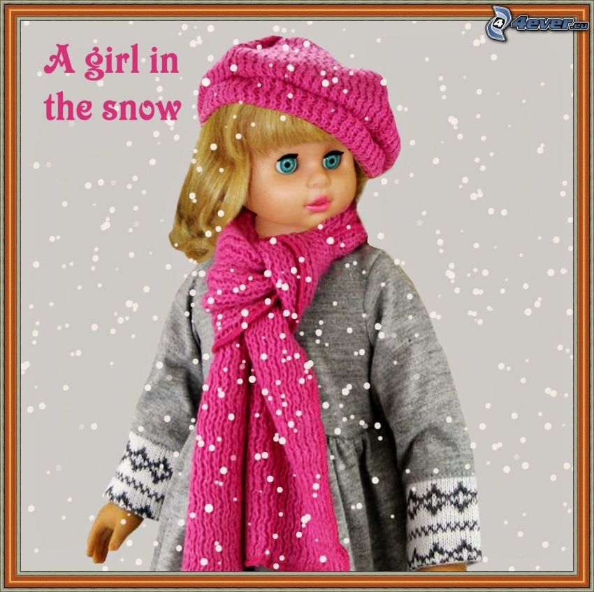 docka, halsduk, mössa, snöfall, bild