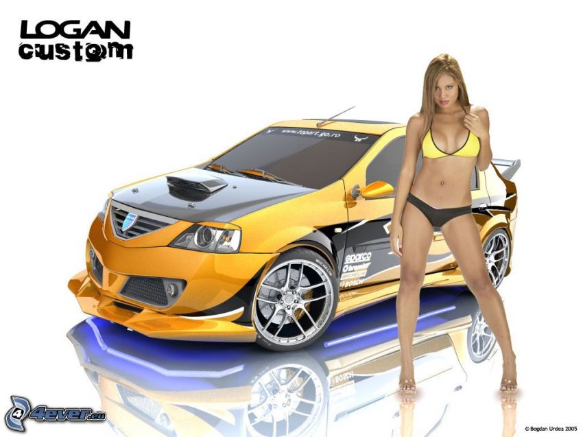 Dacia Logan, virtual tuning, sexig blondin