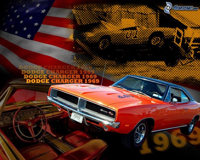 Dodge Charger, 1969, veteran, interiör, Amerikanska flaggan