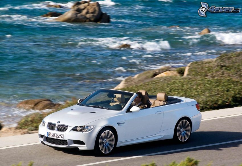 BMW M3, cabriolet, fart, klippor i havet
