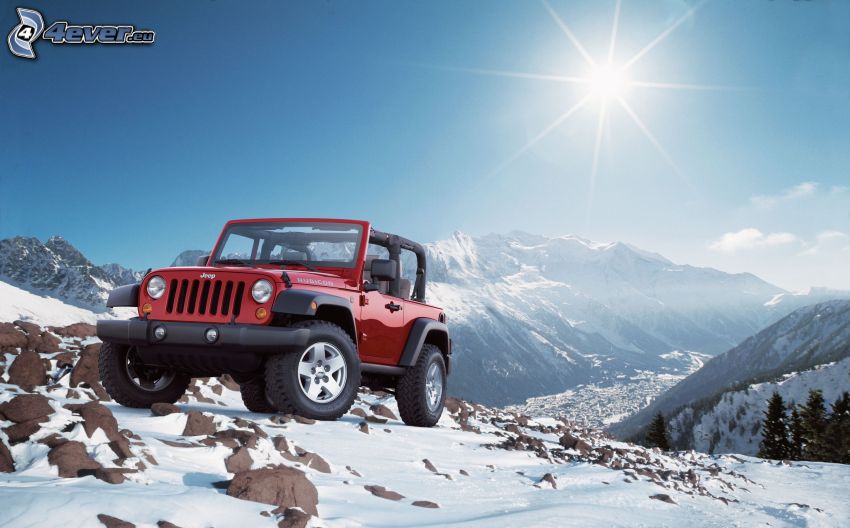 Jeep Wrangler, off-road bil, terräng, klippiga berg, snö, sol, utsikt över dal