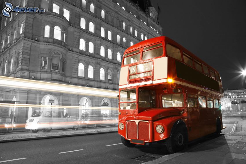 Londonbuss, nattstad, ljus, fart