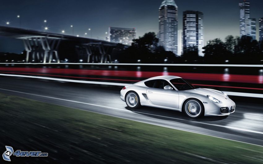 Porsche Cayman, nattstad, väg, fart