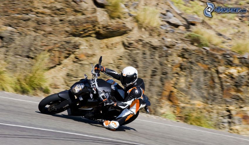 KTM 990, motorcykelförare, fart, klippor, väg