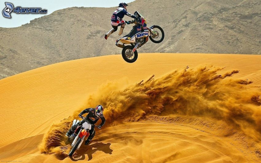 motocross, motorcykelförare, hopp, sand
