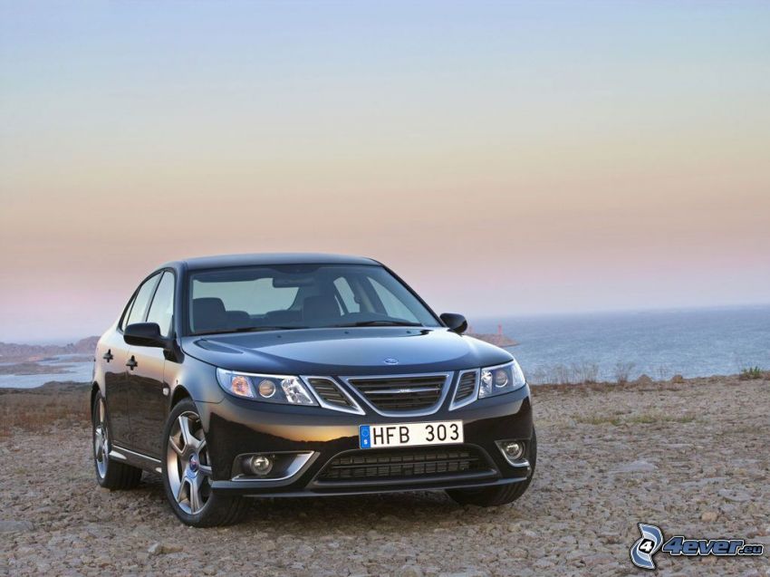 Saab 9 3 Turbo X, småsten, hav, himmel