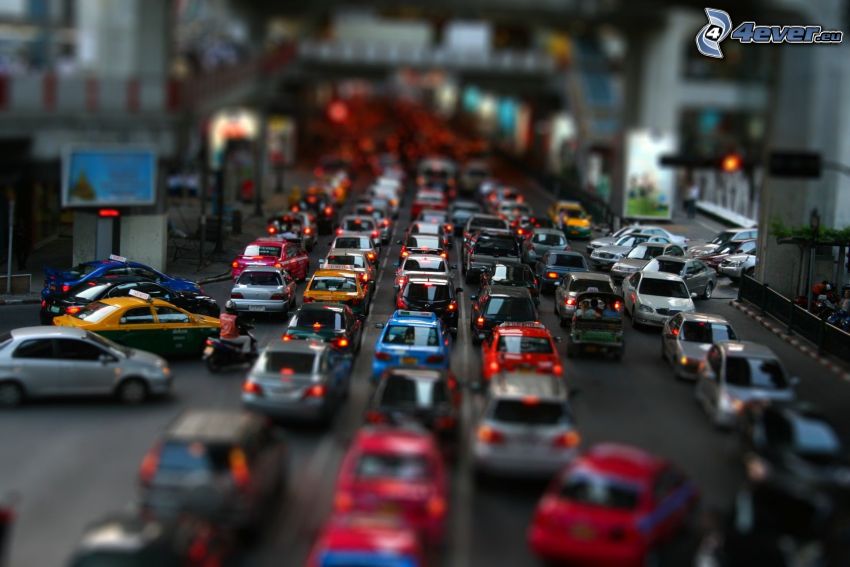 trafikstockning, bilar, gata, diorama