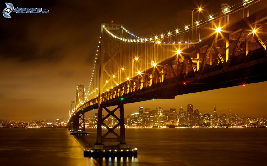 Bay Bridge, upplyst bro, San Francisco, nattstad