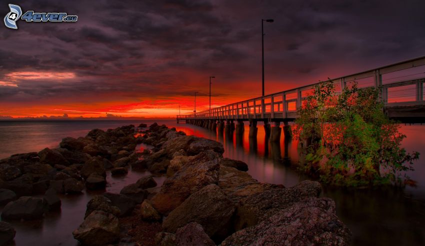 bro, klippor, flod, orange solnedgång