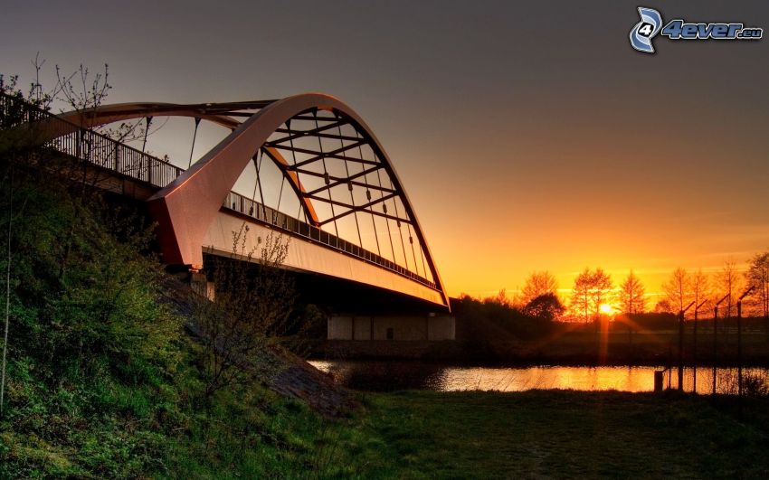bro, solnedgång, flod, gräs