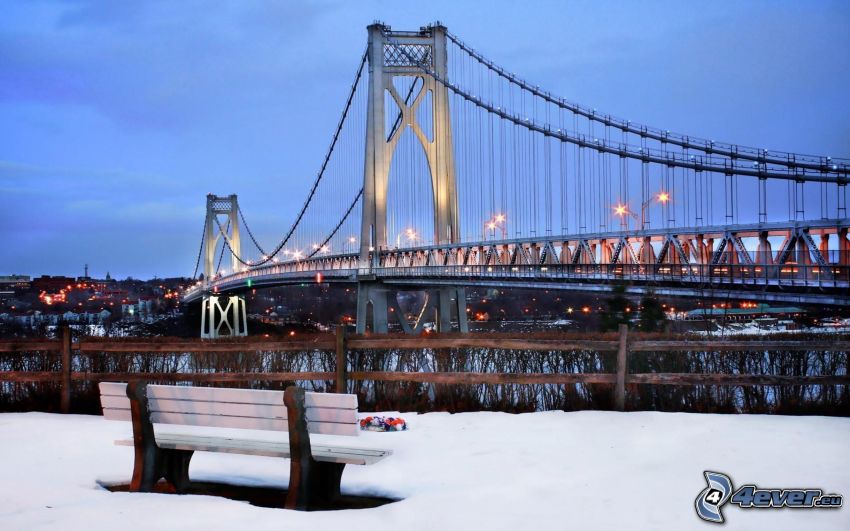 Mid-Hudson Bridge, New York, bänk, snö