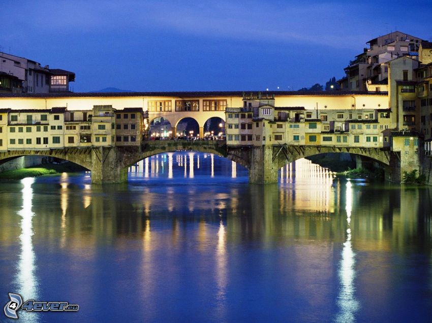 Ponte Vecchio, Florence, Arno, nattstad, flod, bro