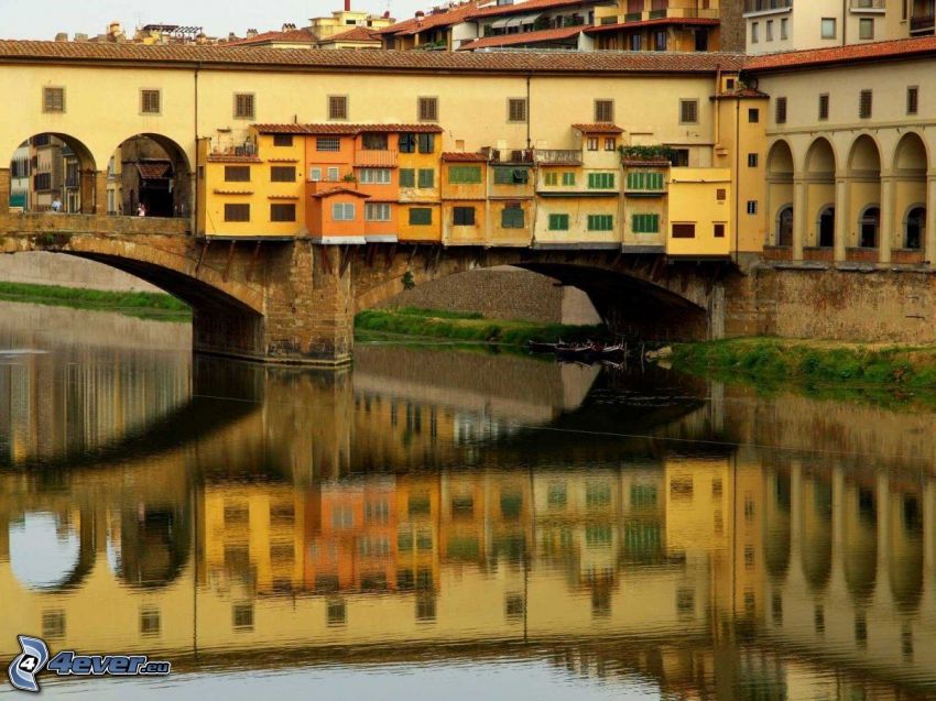Ponte Vecchio, Florence, spegling, Arno, flod, bro