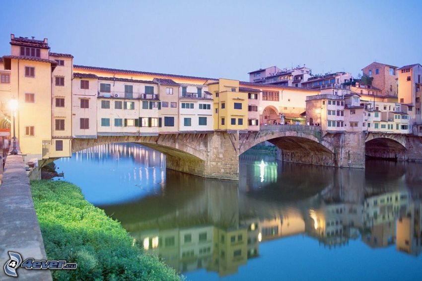 Ponte Vecchio, Florence, spegling, Arno, flod, bro
