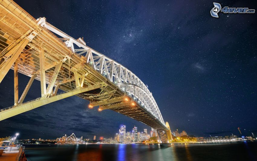 Sydney Harbour Bridge, upplyst bro, nattstad, Australien, HDR