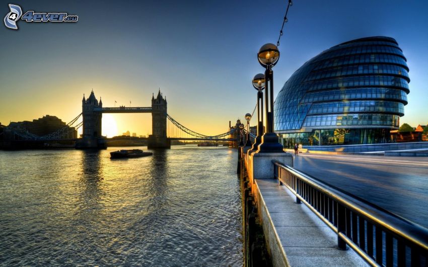 Tower Bridge, London, England, Thames, soluppgång, byggnad