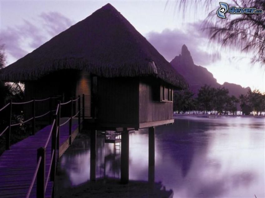 bungalows vid havet på Bora Bora, hav, vatten, berg