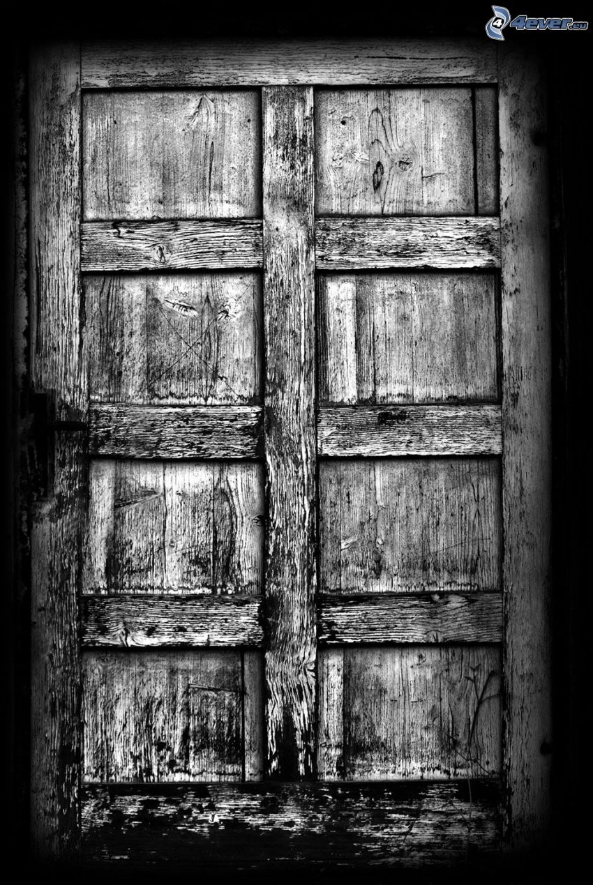 gammal dörr, svartvitt foto