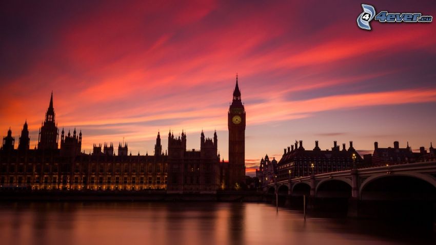 Big Ben, London, kväll, orange himmel