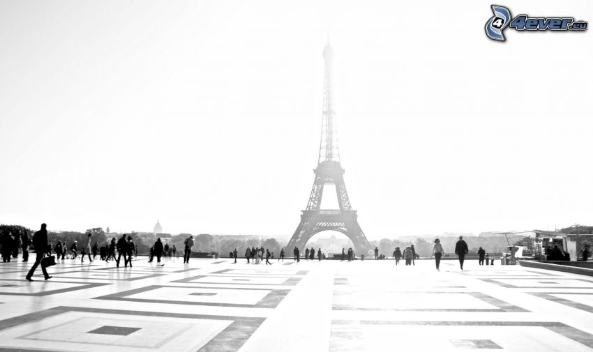 Eiffeltornet, Paris, Frankrike, torg, människor, svart och vitt
